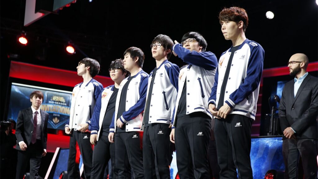 SKT T1 team standing on stage during a League of Legends Worlds event