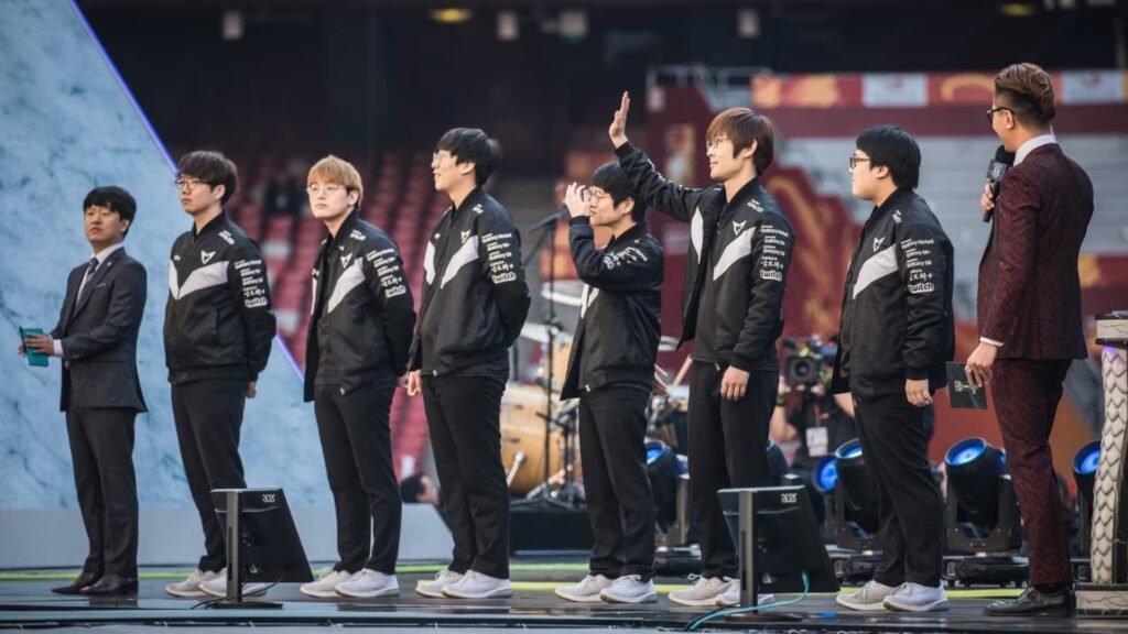 Samsung Galaxy team standing on stage during the League of Legends Worlds 2017 event before their championship match