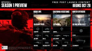Official Battlefield 6 Season 1 roadmap preview showing Rogue Ops, California Resistance, and Winter Offensive content