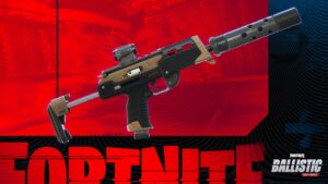 Veiled Precision SMG from Fortnite displayed on a red background with the Ballistic logo