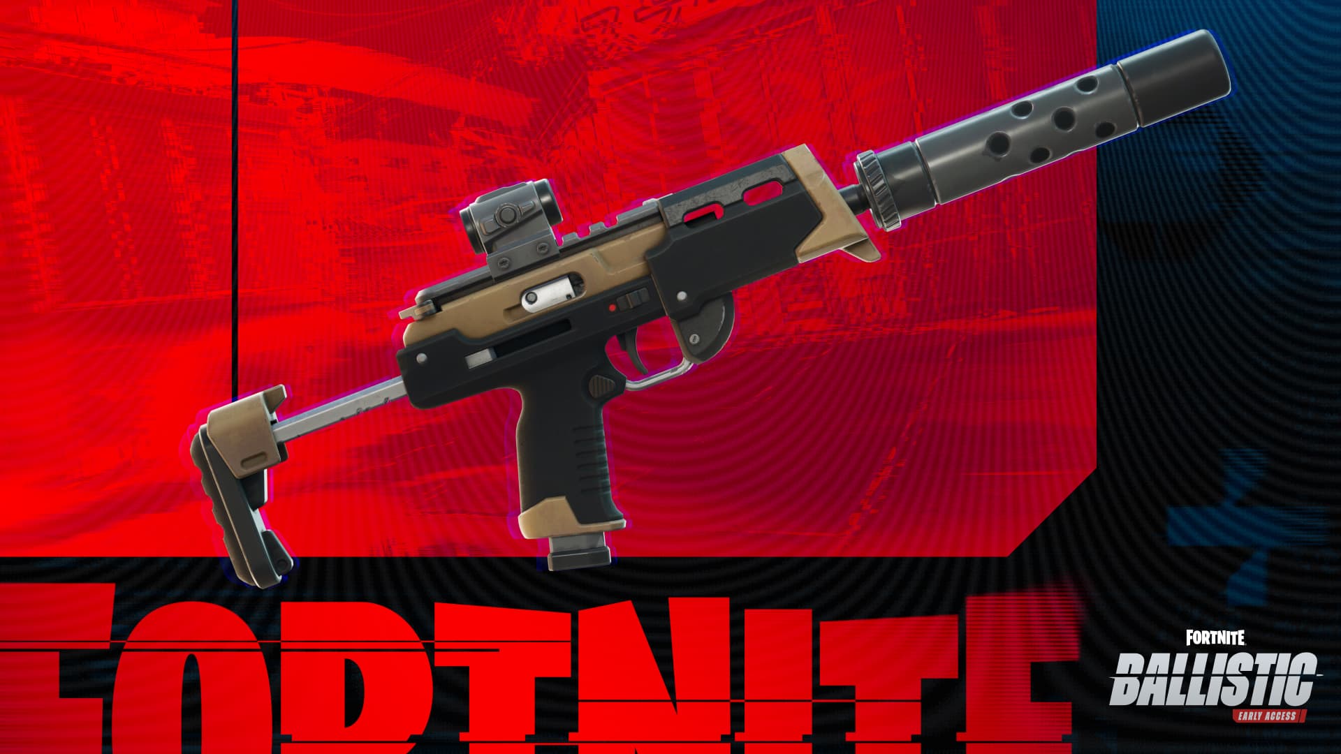 Veiled Precision SMG from Fortnite displayed on a red background with the Ballistic logo