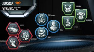 Black Ops 7 screenshot showing Slot 1 perks Gung Ho, Dexterity, Lightweight, Cold-Blooded, Ghost, Ninja, Tech Mask, Flak Jacket, and Shadow