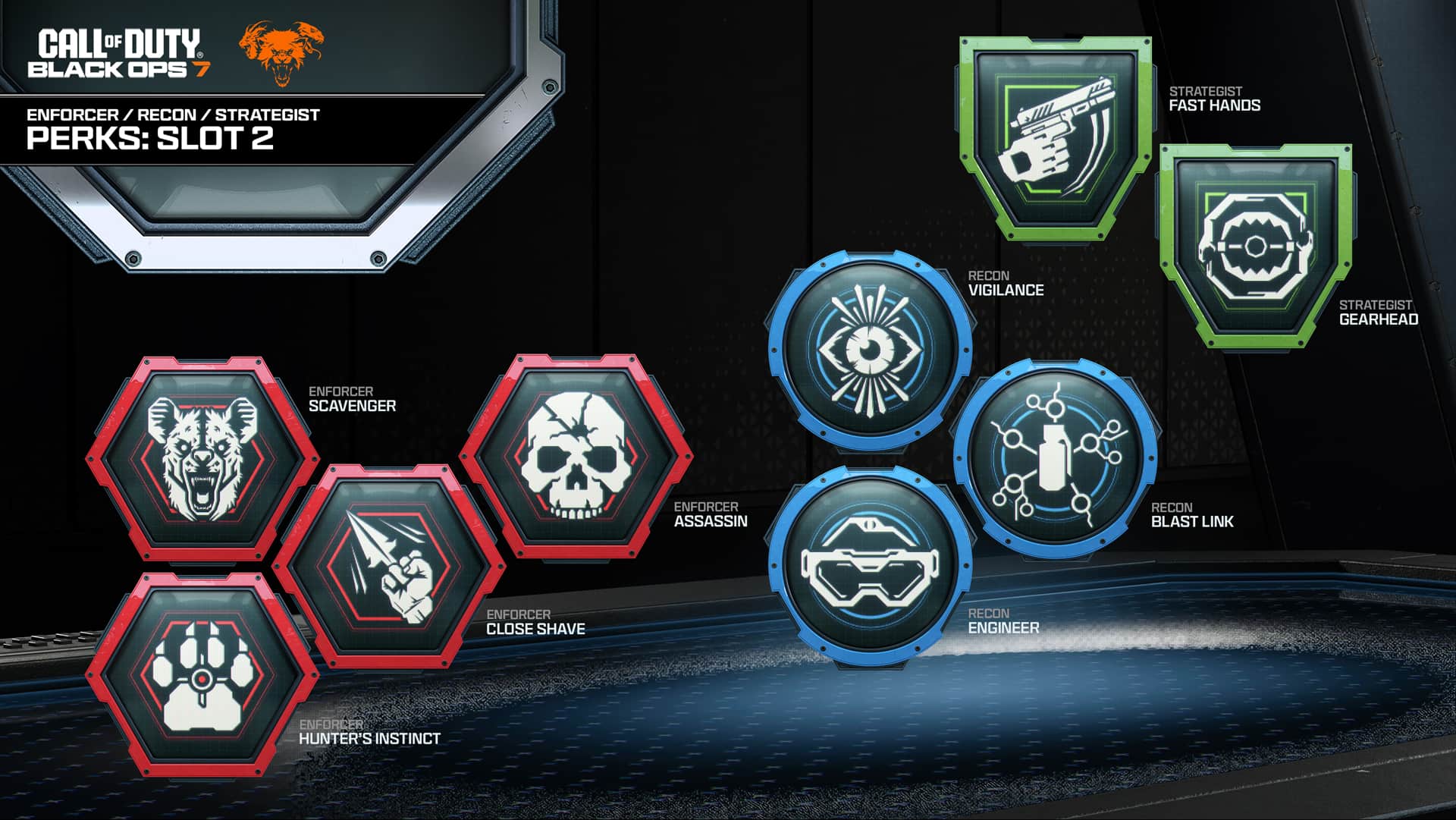 Black Ops 7 screenshot showing Slot 2 perks Scavenger, Assassin, Close Shave, Hunter’s Instinct, Vigilance, Blast Link, Engineer, Fast Hands, and Gearhead