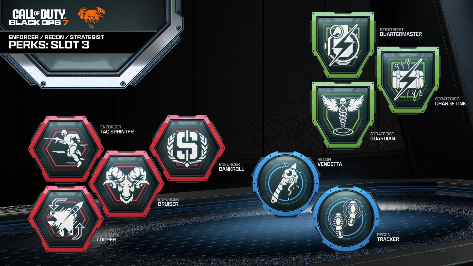 Black Ops 7 screenshot showing Slot 3 perks Tac Sprinter, Bankroll, Bruiser, Looper, Vendetta, Tracker, Quartermaster, Charge Link, and Guardian