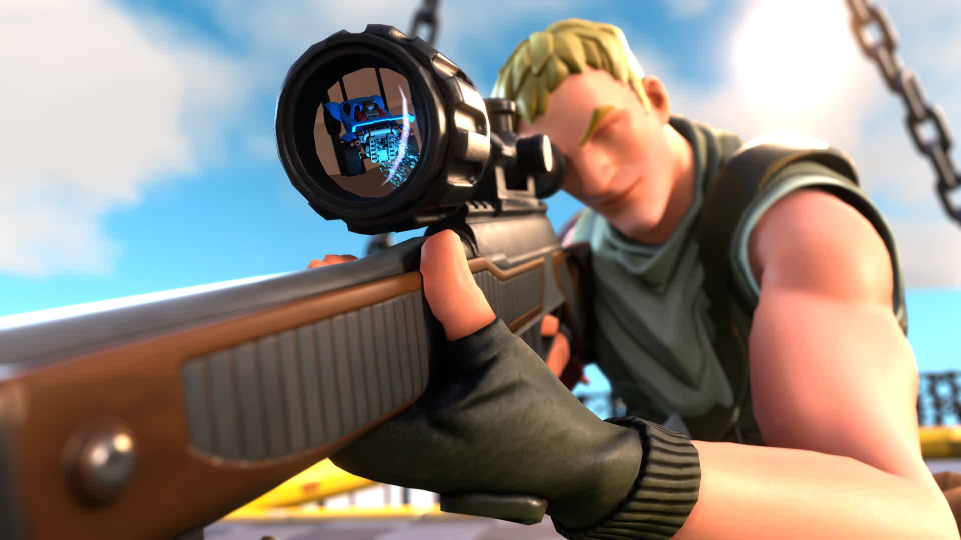 Fortnite character aiming through a scoped sniper rifle during gameplay