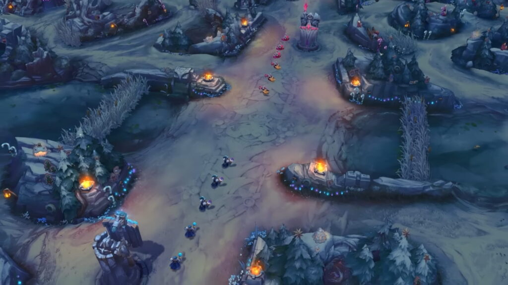 Festive Summoner’s Rift mid lane covered in snow in League of Legends Winter Map