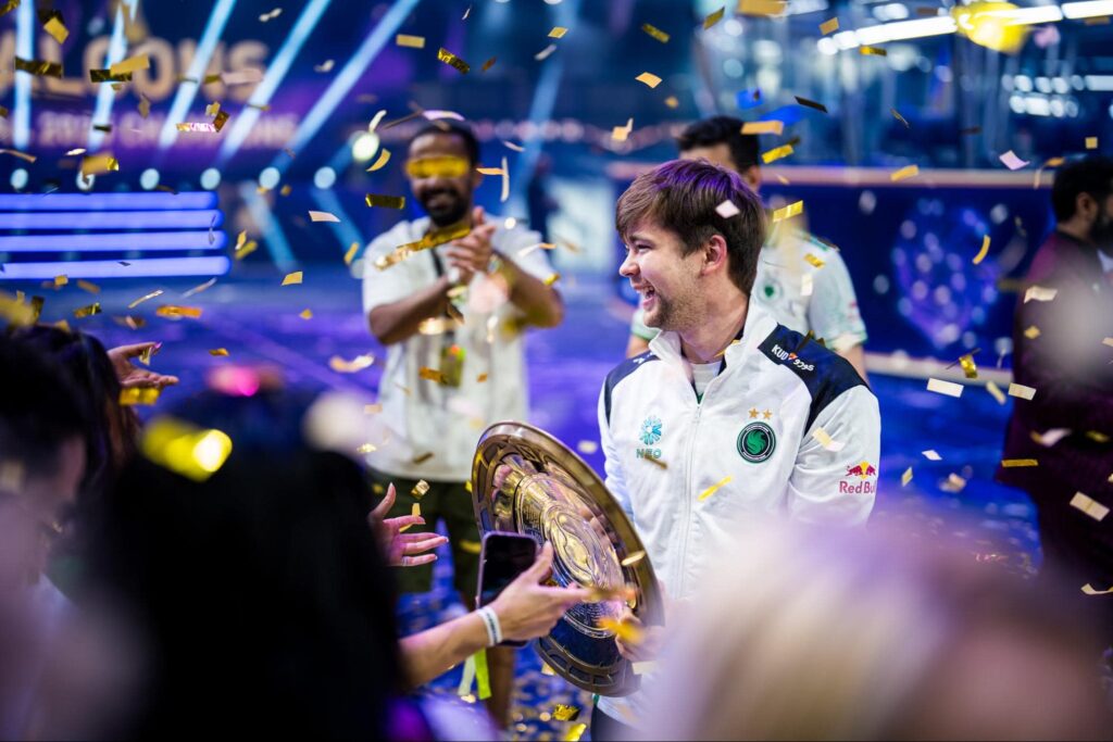 Stanislav “Malr1ne” Potorak celebrates Team Falcons’ Dota 2 championship victory