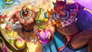 Beach-themed champions from League of Legends enjoying summer drinks in a splash art scene