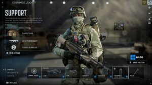 Battlefield 6 Support class loadout customization showing LMG, Defibrillator, and Supply Bag setup