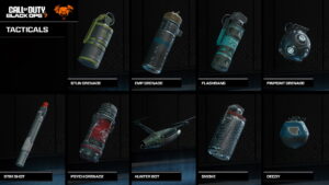 Tactical equipment selection in Call of Duty Black Ops 7 including stun grenade, EMP, flashbang, pinpoint grenade, stim shot, psych grenade, hunter bot, smoke, and decoy