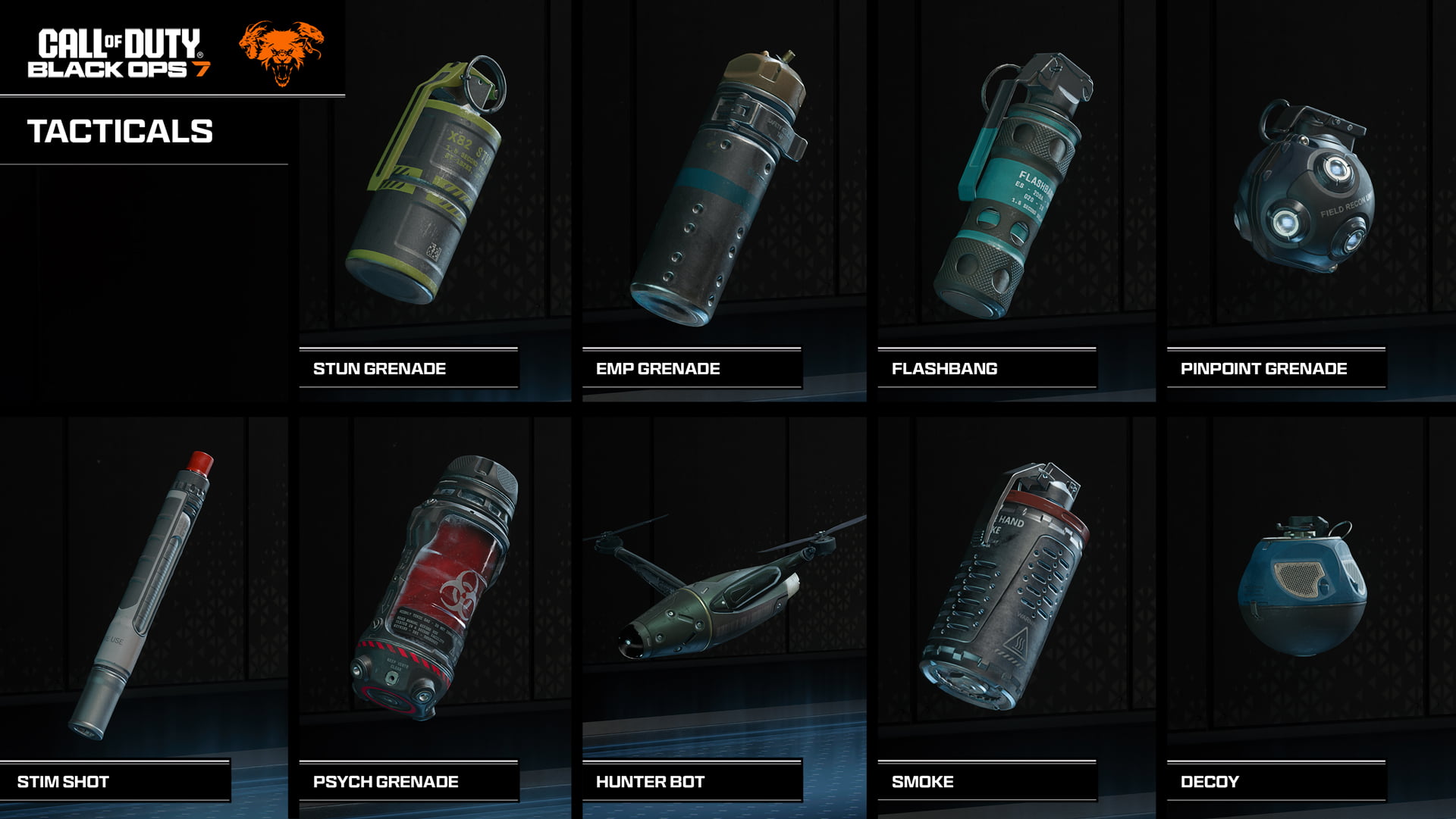Tactical equipment selection in Call of Duty Black Ops 7 including stun grenade, EMP, flashbang, pinpoint grenade, stim shot, psych grenade, hunter bot, smoke, and decoy