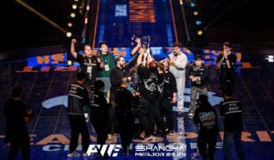 Team Spirit celebrating victory on stage at the CS2 Shanghai Major 2024
