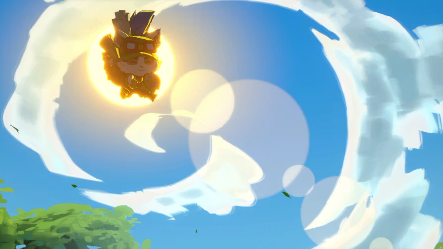 Teemo from 2XKO soaring through the sky with sunlight behind him, creating a bright swirl of clouds