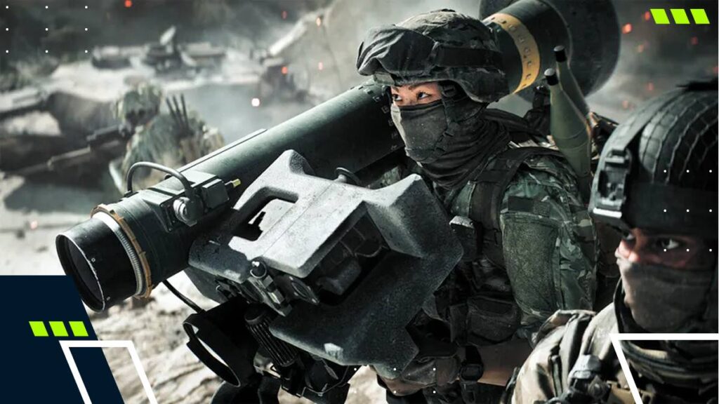 Battlefield 6 soldier holding a rocket launcher in a warzone, representing the ultimate 2025 Battlefield 6 loadout guide.