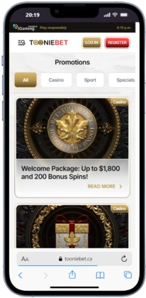 Mobile screenshot of the Tooniebet Canadian casino online