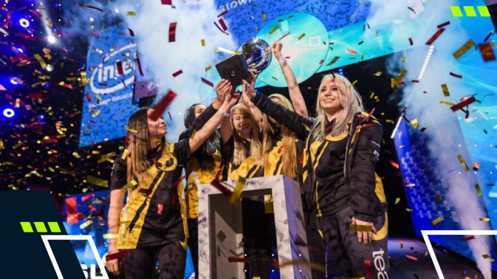 Female Counter-Strike Global Offensive team celebrating victory at ESL tournament with confetti