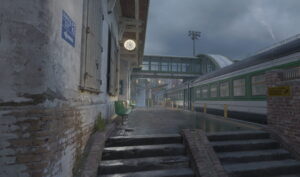 The platform area with trains and overpass walkway on the Train map in Counter-Strike 2