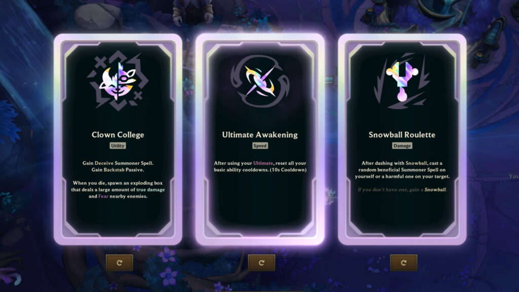 Three LoL ARAM Mayhem cards are displayed against a mystical blue background, each bordered with a glowing purple frame
