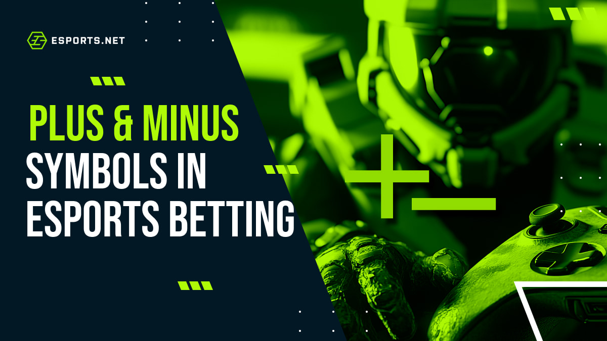 A futuristic soldier holding a gaming controller, with large plus and minus symbols representing esports betting odds