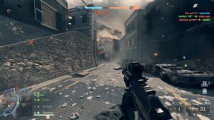 First-person view of a firefight in Battlefield 6 city map with rifle aimed at objective