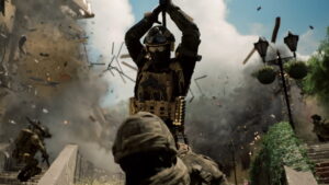 Intense explosion as soldiers engage in a Battlefield 6 city assault
