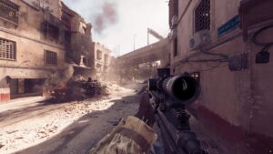 Player aims a sniper rifle down a war-torn street in Battlefield 6