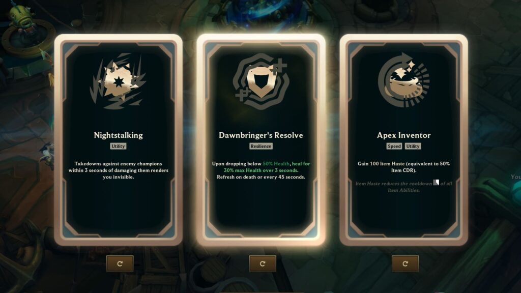 LoL ARAM Mayhem interface showing three card options: Nightstalking (utility), Dawnbringer's Resolve (resilience), and Apex Inventor (speed utility)