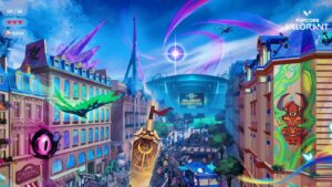 Stylized artwork of the VALORANT Champions 2025 event in Paris featuring the Eiffel Tower and vibrant game-inspired visuals