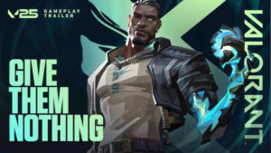 Promotional artwork for VALORANT featuring an agent with glowing blue energy from the Episode 7 gameplay trailer
