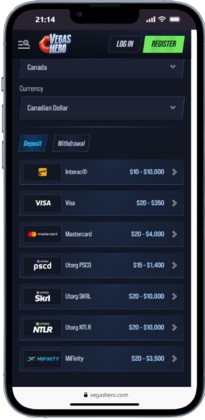 Mobile screenshot of Vegas Hero Canadian casino online payments page