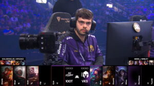 Vivo Keyd player focused during League of Legends LTA draft phase against 100 Thieves on stage