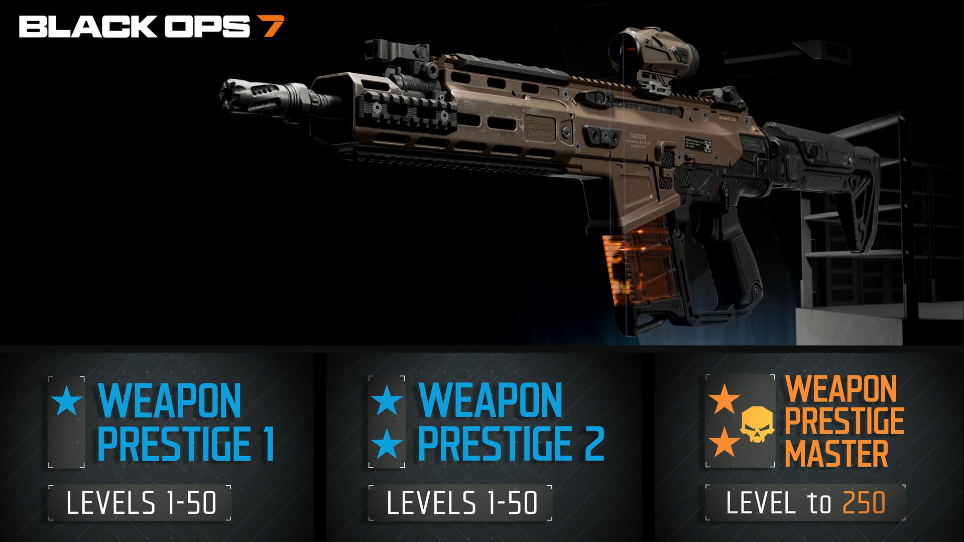 Diagram showing Weapon Prestige 1, Prestige 2, and Prestige Master levels in Call of Duty: Black Ops 7