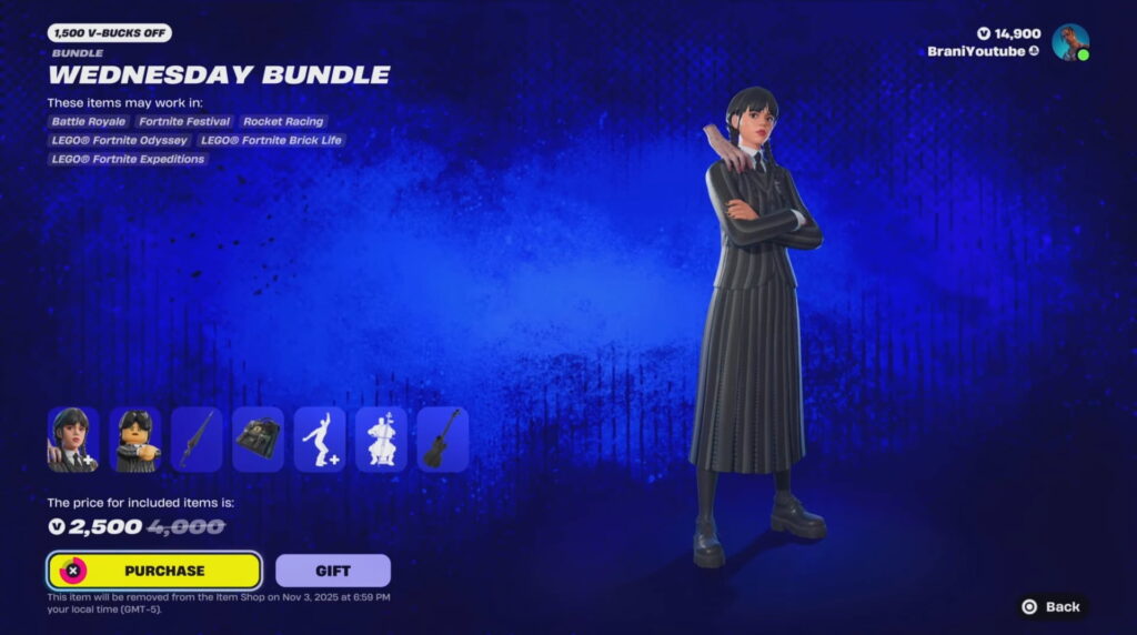 A Fortnite screenshot features the Wednesday Bundle, showcasing a character standing confidently