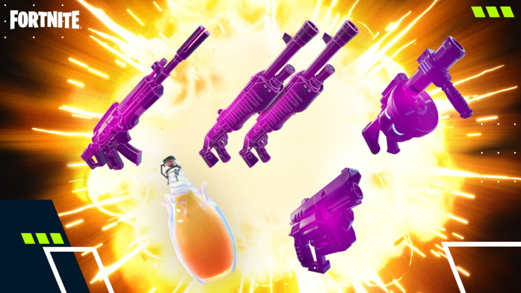 Explosive Fortnite scene featuring an orange potion bottle, purple weapons, and a glowing yellow burst