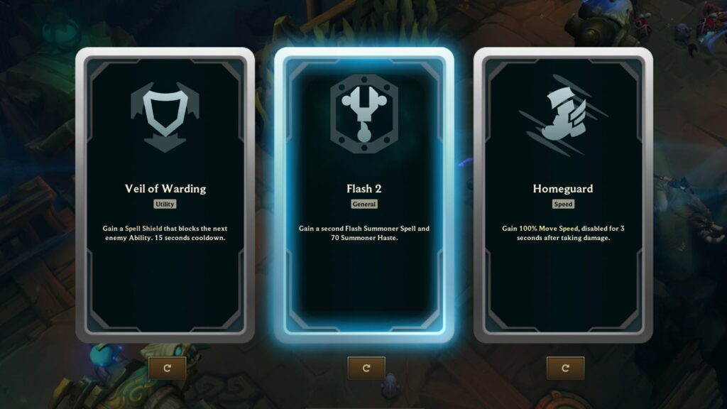 Three LoL ARAM Mayhem cards displayed: "Veil of Warding," "Flash 2" highlighted, and "Homeguard"