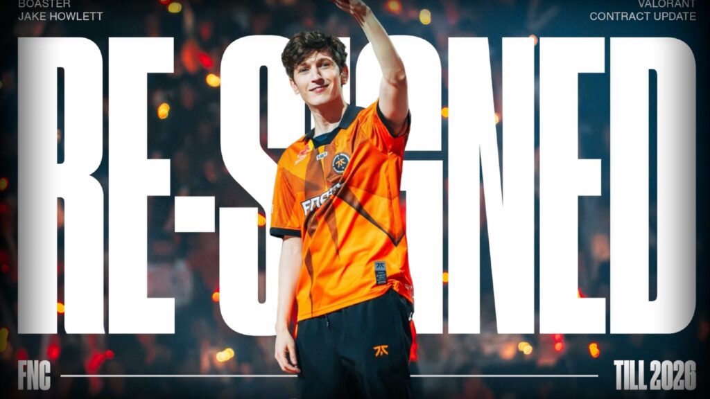 Graphic to announce that Boaster has re-signed with Fnatic Valorant