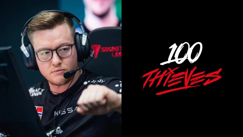 side by side image of rain representing FaZe at Counter-Strike tournament, next to 100 Thieves logo on black background