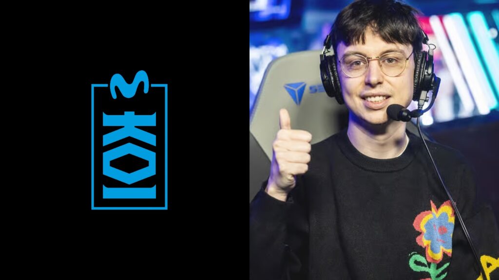 Side by side image of the Movistar KOI logo next to Caedrel with his thumbs up staring at the camera and smiling