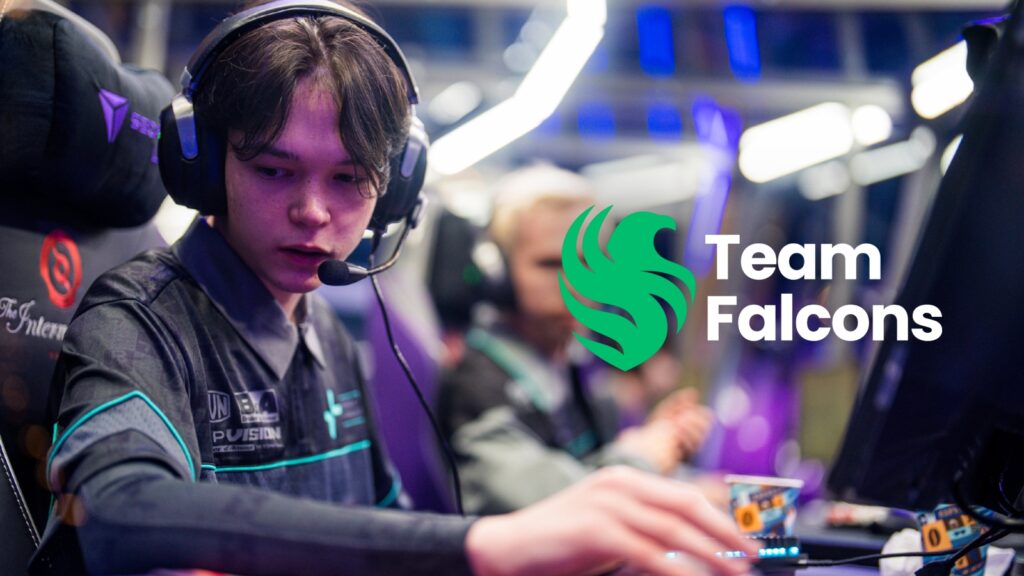 Satanic playing for Parivision at the International with logo of team Falcons next to him