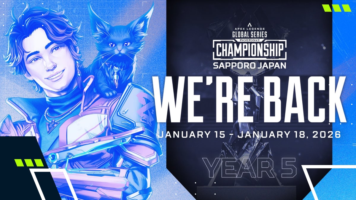 A promotional graphic for the ALGS 2026 Championship featuring a stylized character with a cat on their shoulder and event details for the Sapporo tournament taking place January 15–18, 2026