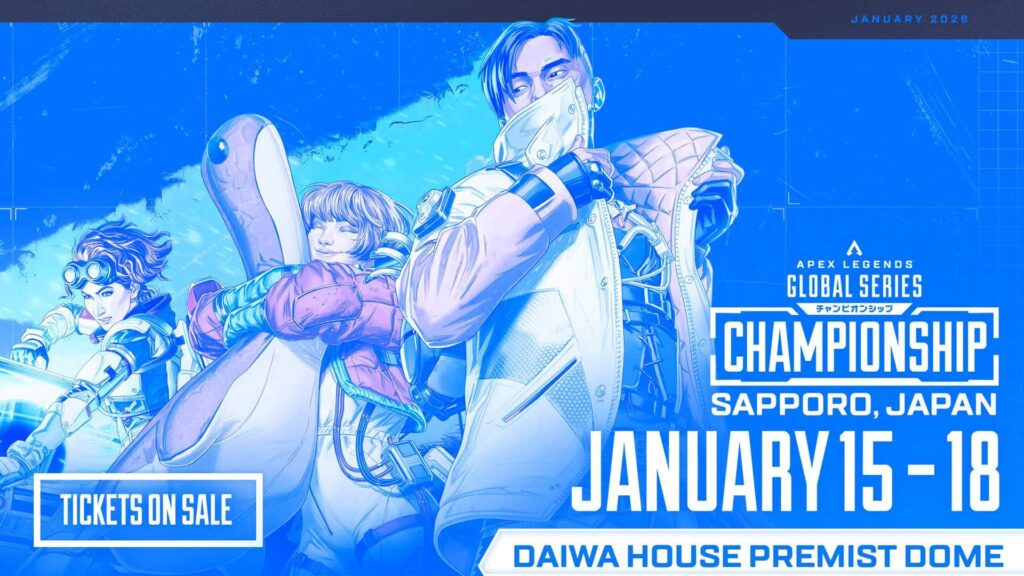 A promotional poster for the Apex Legends Global Series 2026 Championship, featuring three stylized Legends in blue artwork with event details showing the tournament in Sapporo, Japan from January 15–18