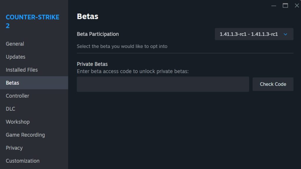 Steam’s Betas tab showing Counter-Strike 2 beta participation menu with version 1.41.1.3-rc1 selected