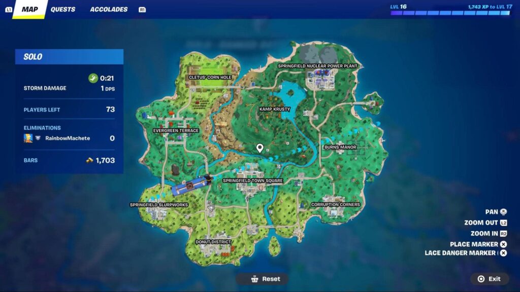 Fortnite map displaying a fictional island with labeled areas such as Cletus' Corn Hole and Springfield Nuclear Power Plant