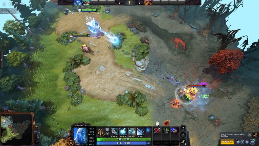 Ancient Apparition in Dota 2 casting Ice Blast across the map, freezing an enemy Bristleback in Turbo mode.