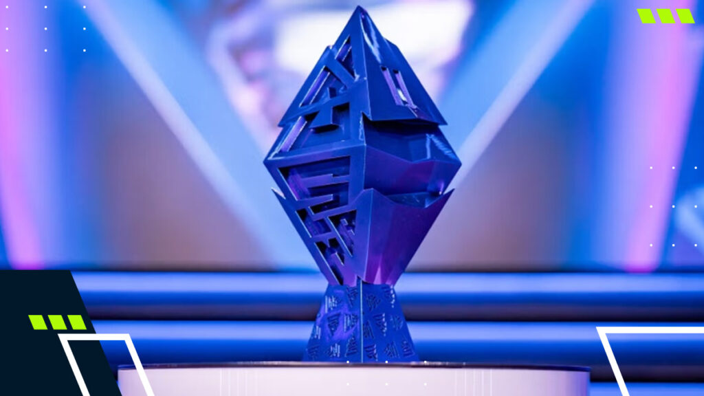 The BLAST Slam V trophy displayed on stage at the Dota 2 event