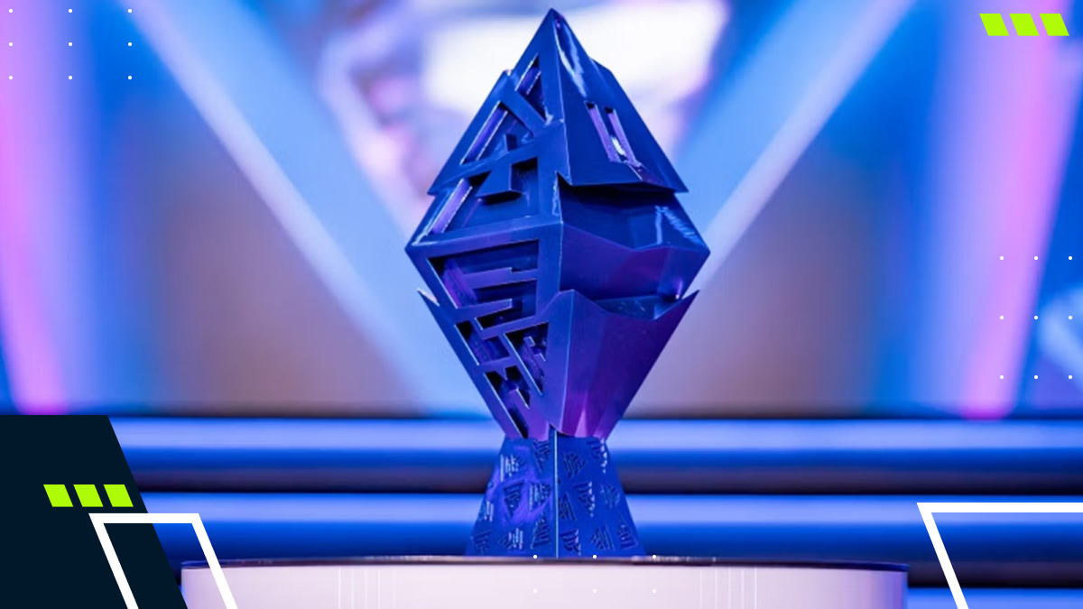 The BLAST Slam V trophy displayed on stage at the Dota 2 event