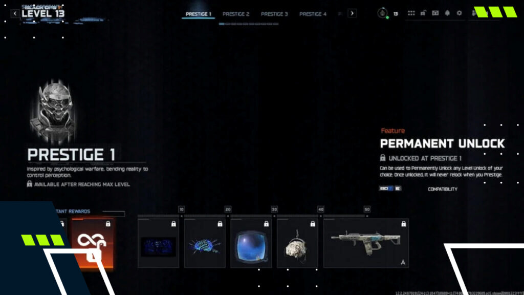 Prestige 1 menu showing the Permanent Unlock feature in Call of Duty: Black Ops 7