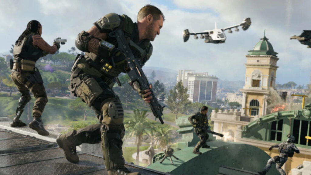 Soldiers engaging in rooftop combat with drones overhead in Call of Duty: Black Ops 7