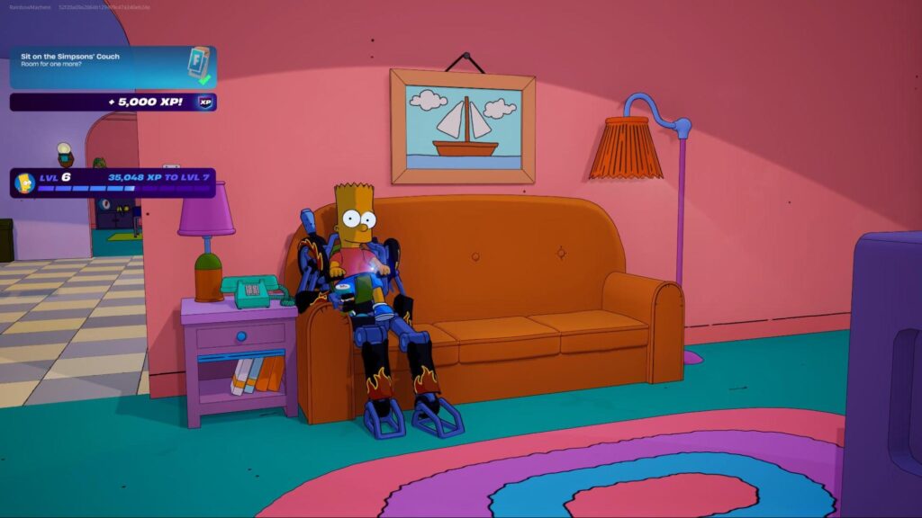 Bart Simpson sitting on the iconic family couch to earn XP in Fortnite x The Simpsons event