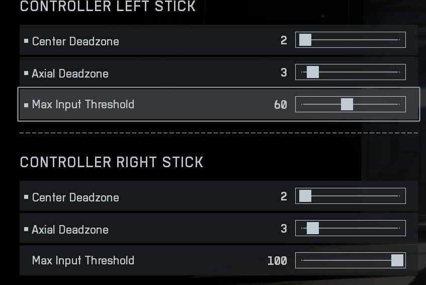 Battlefield REDSEC controller settings screen showing left and right stick options, including center deadzone, axial deadzone, and max input threshold values.